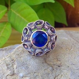Blue Iolite and Opal sterling silver boho ring